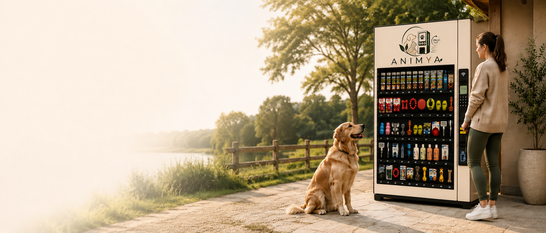Distributeur automatique Animya avec un chien et sa propriétaire